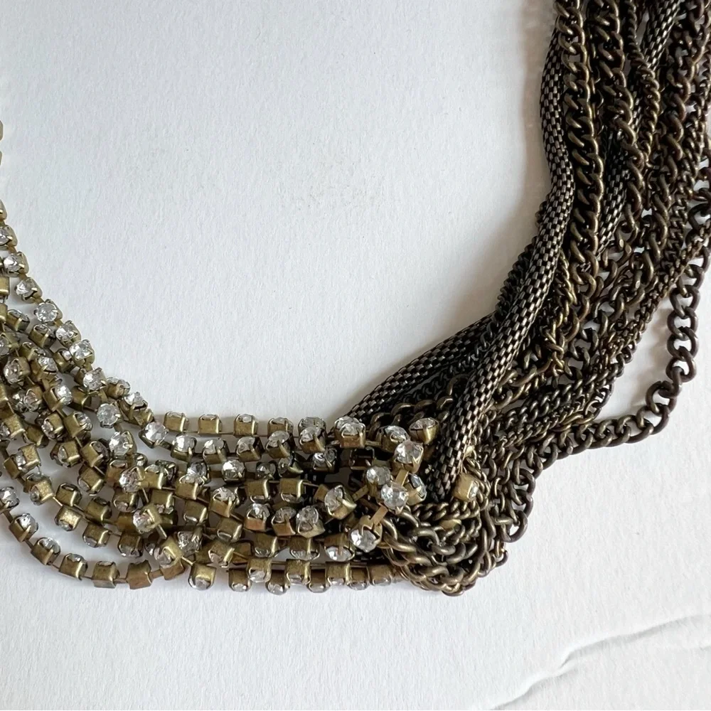 Multi layer chain rhinestone statement necklace brass gold indie y2k - Picture 2 of 9